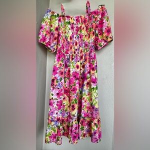 The Childrens Place Off Shoulder Short Sleeve Smocked Pink Yellow Floral 10/12